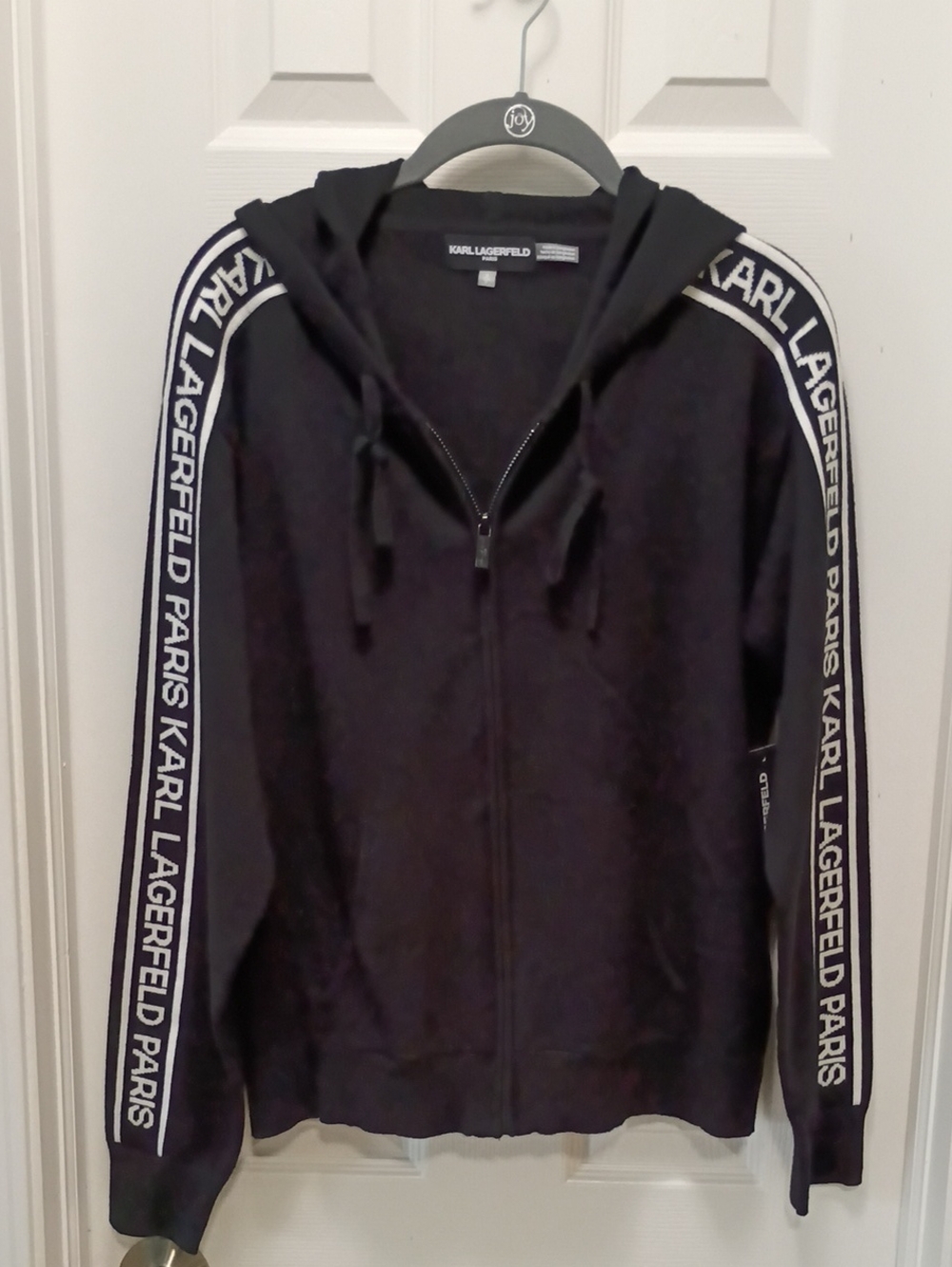 Karl Lagerfeld Black Hooded Zip Jacket with White Logo Sleeve Tape